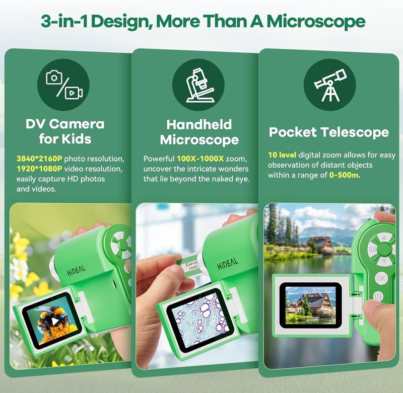 Hideal HP20 IPS Microscope for Kids: [3-in-1] [Easy and Fun] 2" Portable Handheld Microscope Miniscope, Pocket Mini Scope Educational Science Kit, Christmas Birthday Gifts for Kids, 32GB, Green - Image 2
